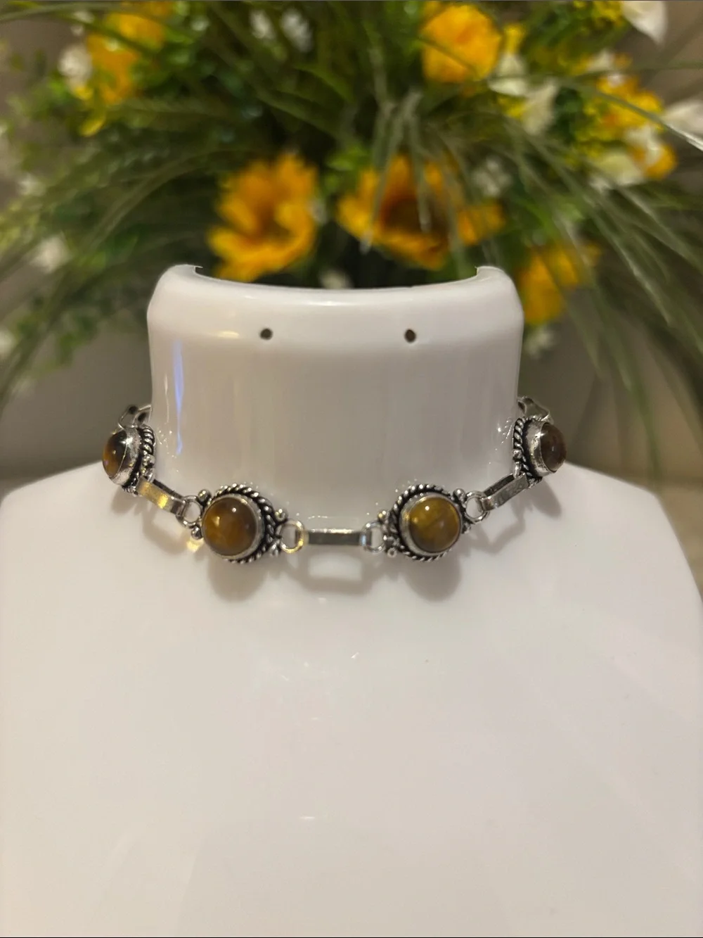 Sterling Silver Tiger's Eye Link Bracelet - Brown Gemstone